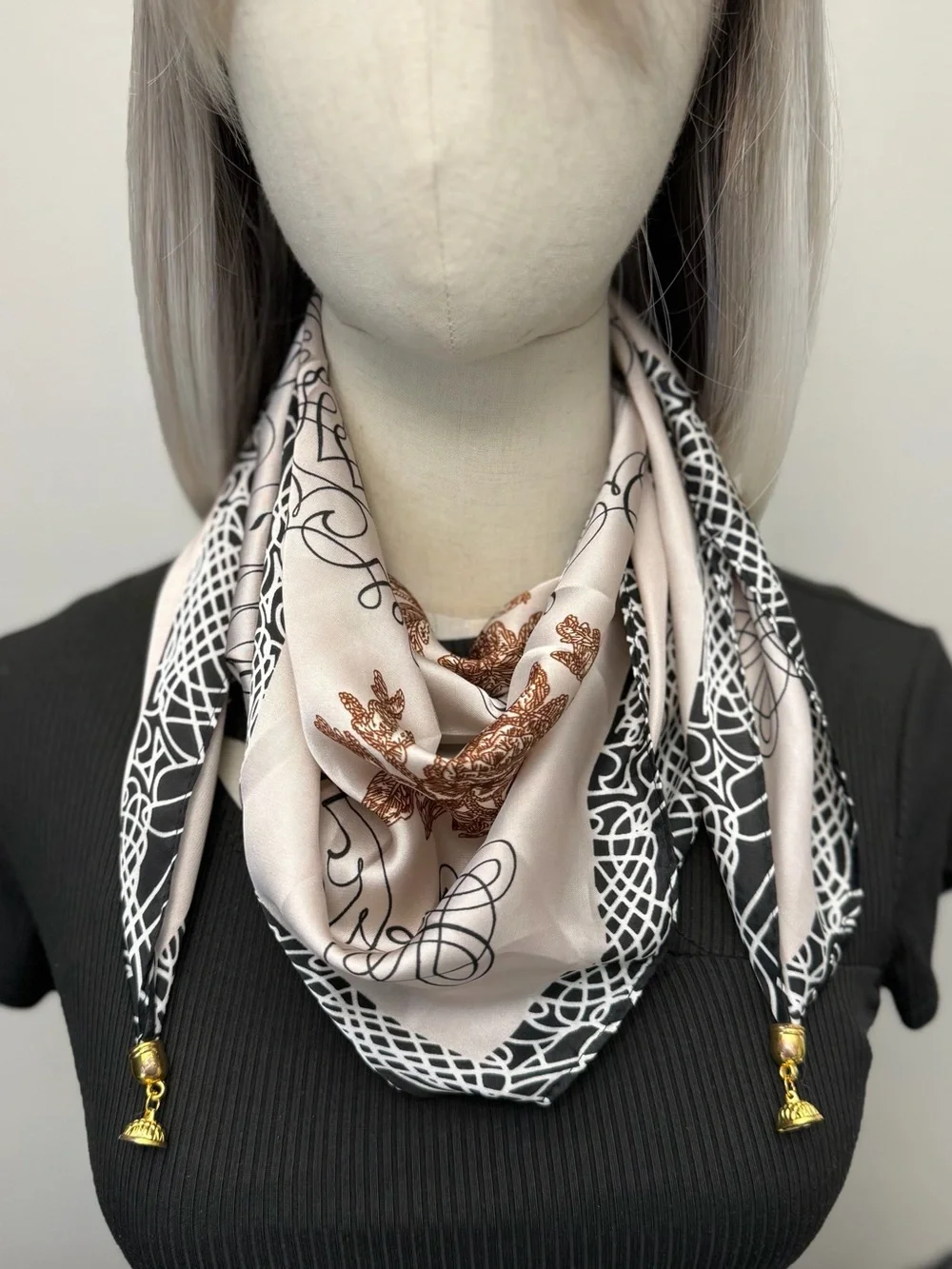 Luxury Satin Scarf with Magnetic Clasp, Floral & Abstract Print Silk Feel